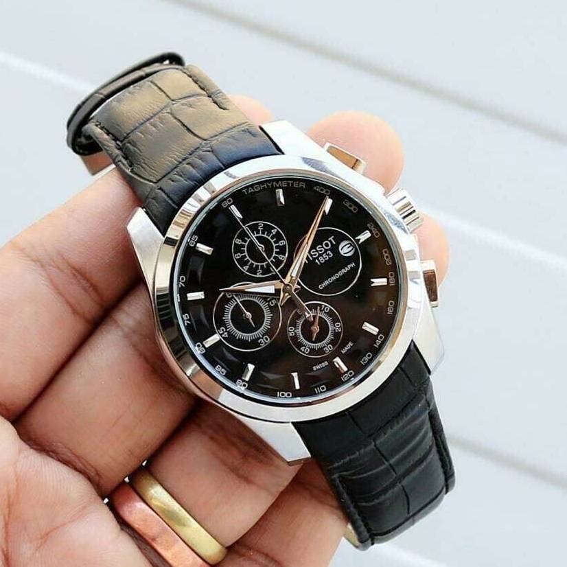 Tissot Chronograph Black Leather Men's Watch Silver Black TS-654L-SB