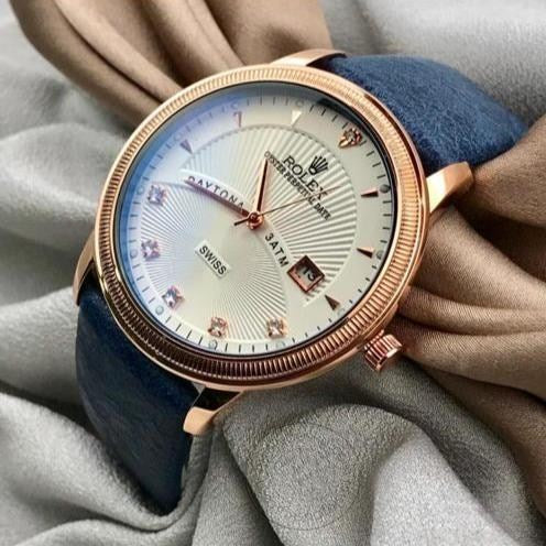 Rolex DayTona 3ATM Swiss Dark Blue Leather Men's Watch For Man RLX-3-09 White Dial Gold Case Date Gift Watch