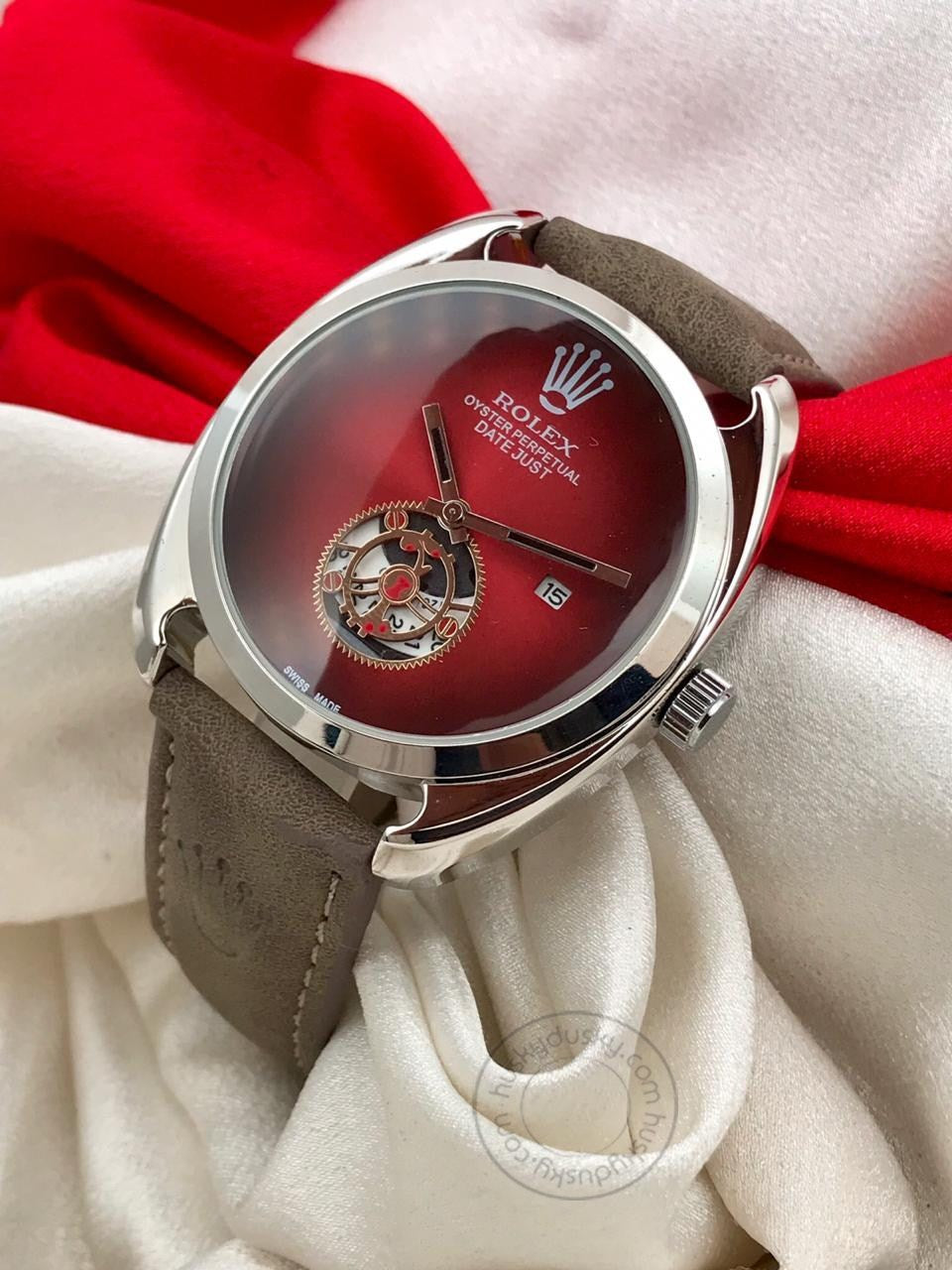 Rolex Oyster Perpetual DayTona Brown Leather Women's Watch For Women RLX-400 Red Dial Silver Case Date Gift Watch