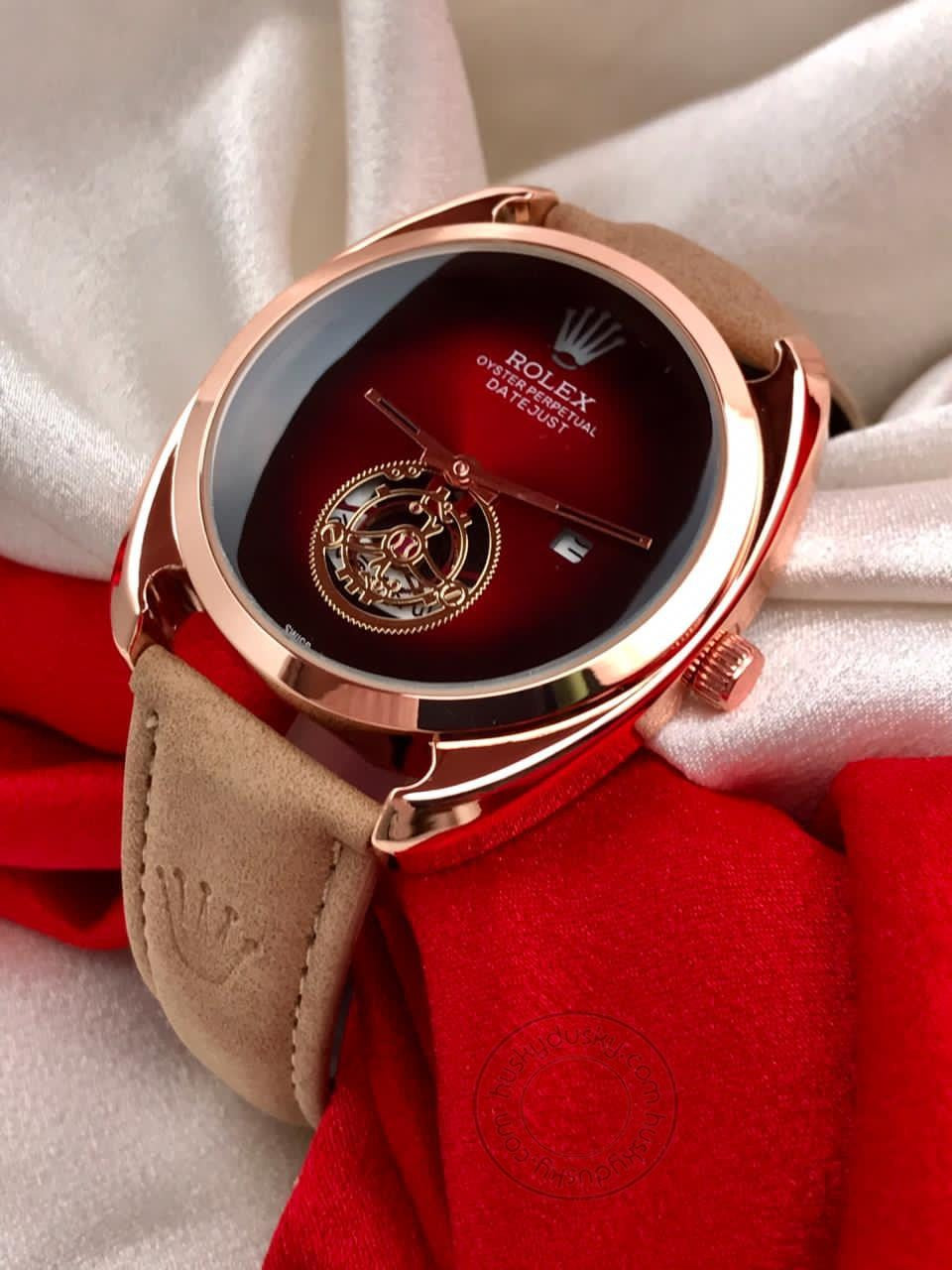 Rolex Oyster Perpetual DayTona Tan Leather Women's Watch For Man RLX-450 Red Dial Gold Case Date Gift Watch