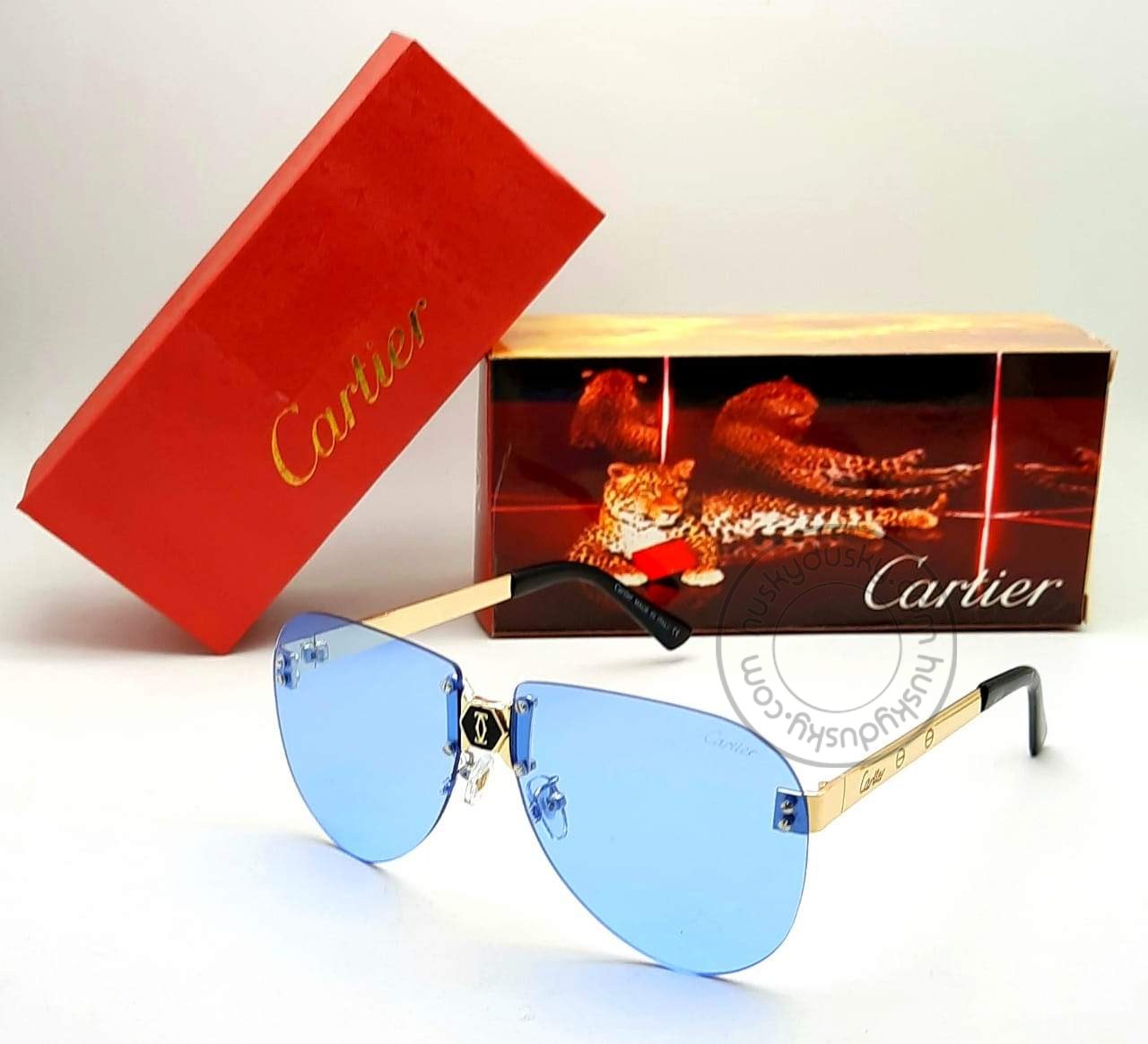 Cartier Branded Light BLue Purple Glass Men's Women's Sunglass For Man Woman or Girl CRTR-510 Transparent Frame Gold Stick Gift Sunglass