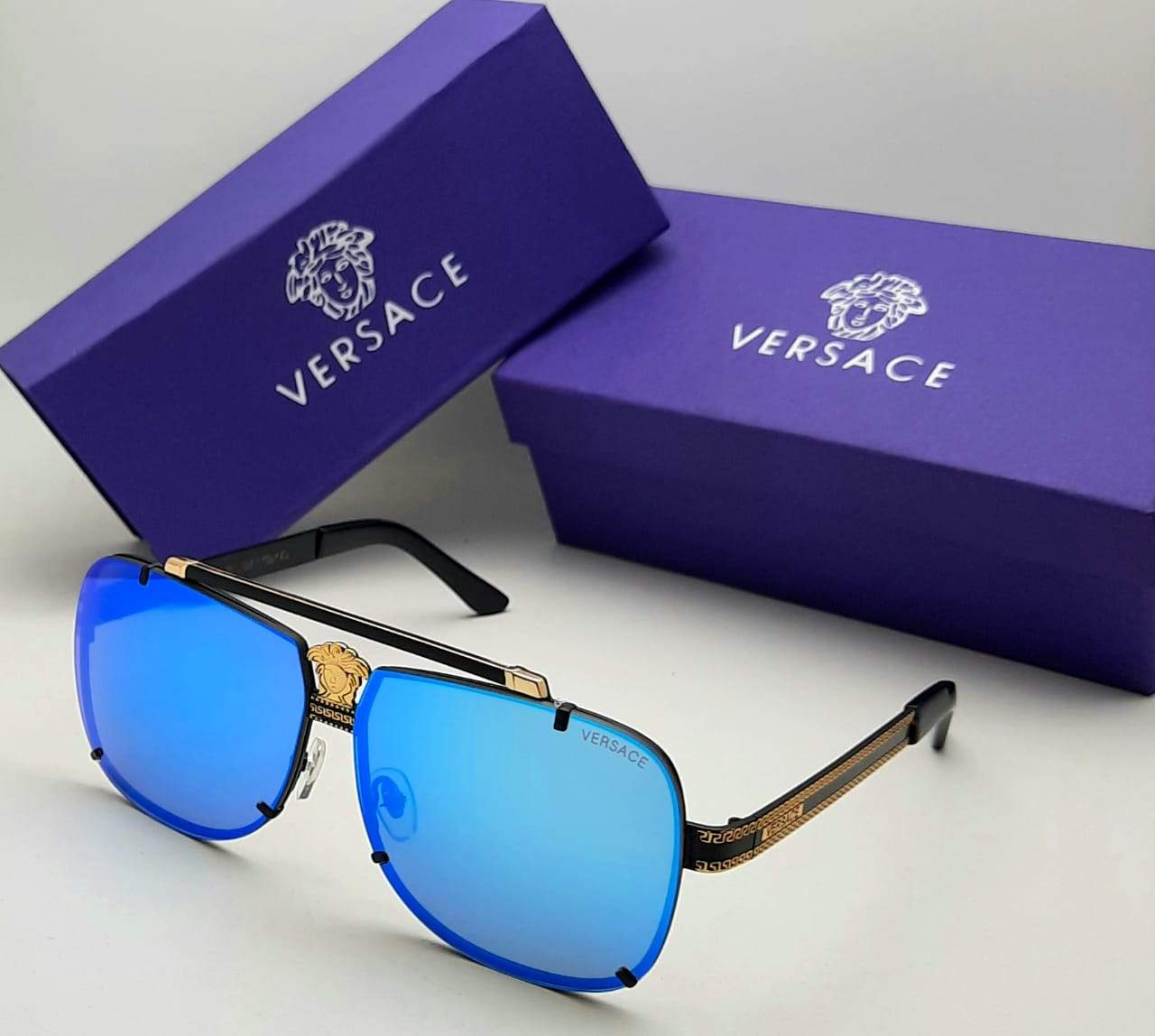 Versace Branded Aqua Blue Glass Men's Sunglass For Man VER-25638 Black Frame with Black & Golden Stick Gift Sunglass