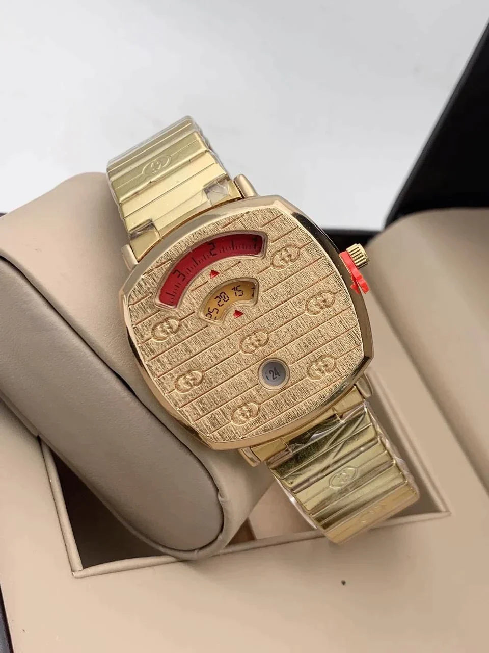 Gucci Grip 38mm Stainless Steel GG Full Gold Color Strap And Gold Case & Dial Engraved Watch Man Women Watch-Best Gift Watch