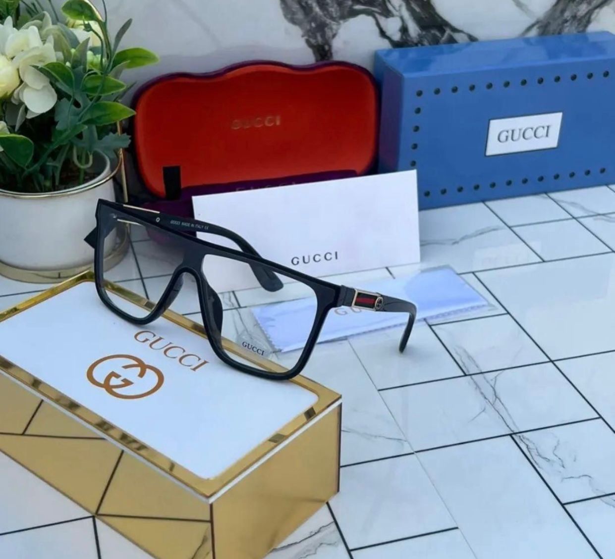 GC Squre Frame Transparent lens OverSize Sunglass for Man Woman's or Girl GU-9268 Black Stick Frame Gift Sunglass