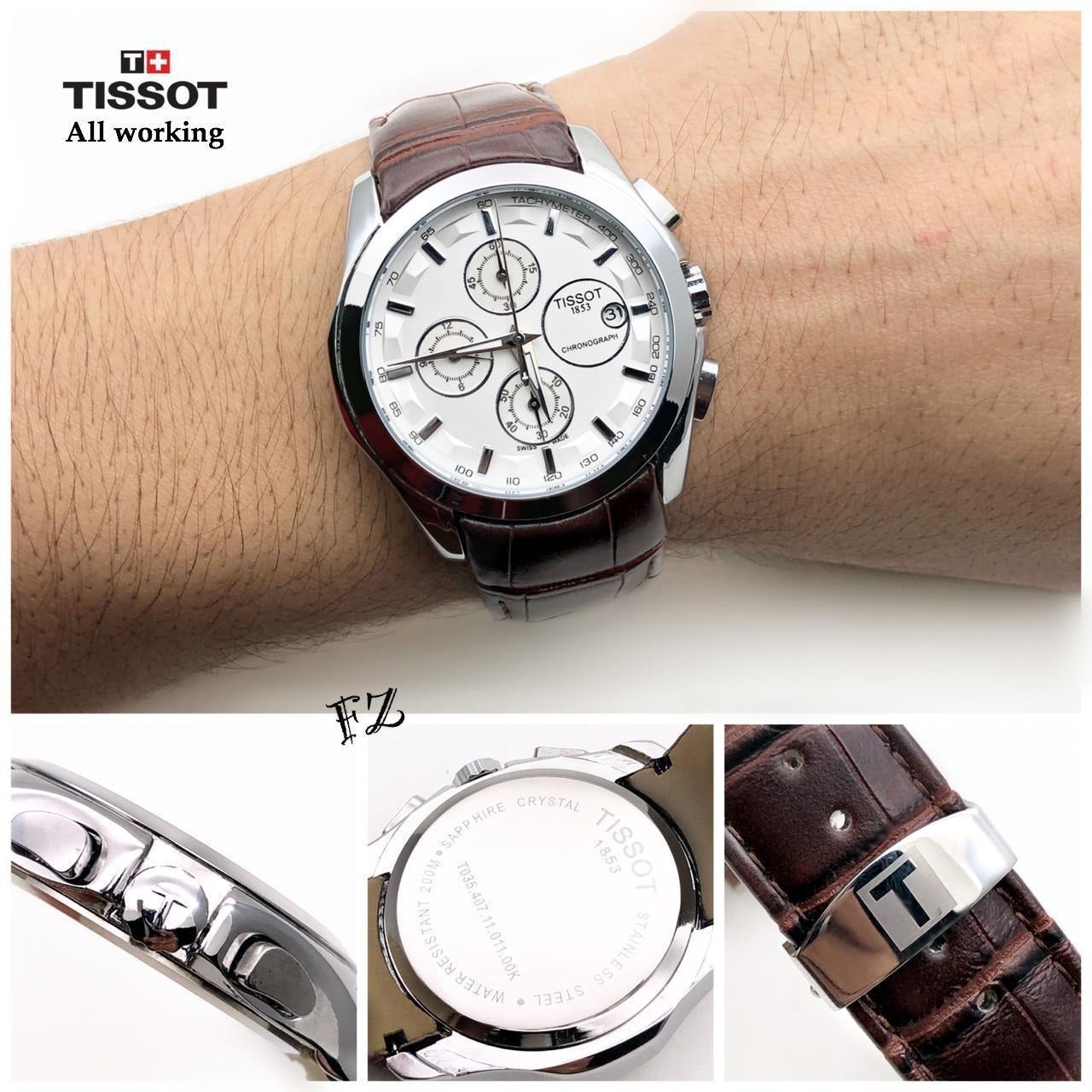 Tissot Chronograph Brown Leather Men's Watch White Date Display TS-3823