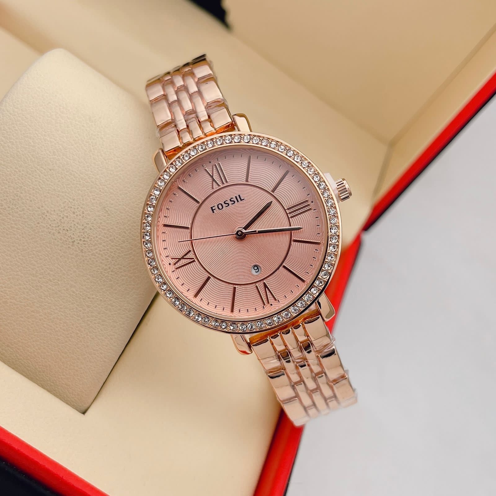 Fossil Rose Gold Metal Diamond Strap Watch For Women's ES3546
