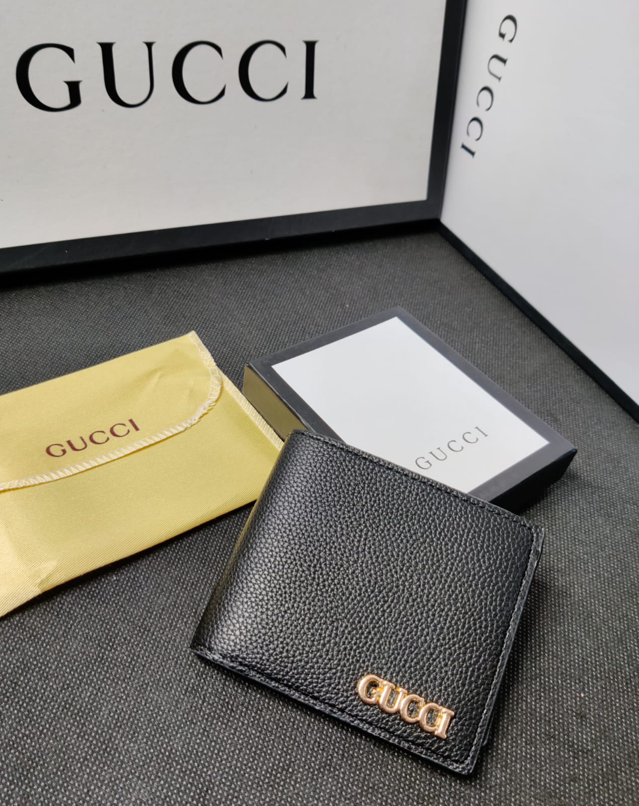 Leather Heavy Quality Full Black Plain wallet with Golden Logo Wallet For Man GU-704