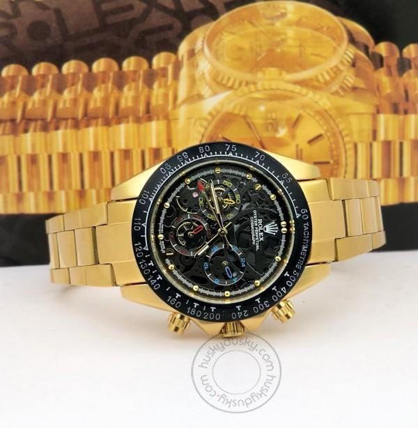 ROLEX OYESTER PERPETUAL Chronograph Quartz Gold Strap Men's Watch For Man RLX-GOLD-009 Black Dial Gift Watch