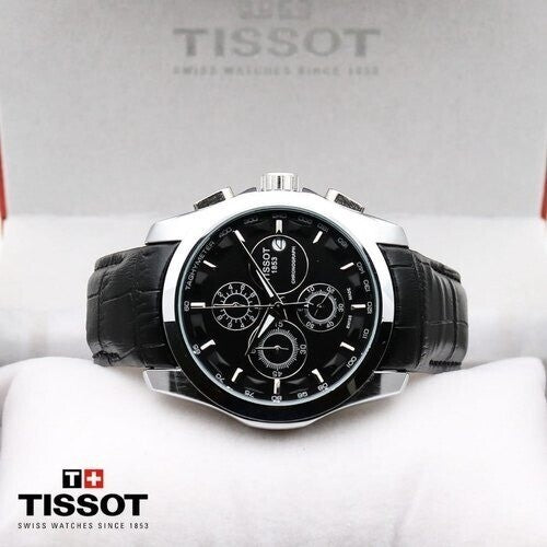 Tissot Chronograph Black Leather Men's Watch Silver Black TS-654L-SB