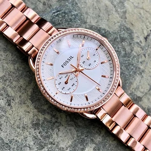 Fossil Analog Watch Es4264-White Stainless Steel Strap With Rose Gold Color Strap And White Dial Color Women's Or Girls Watch - Best Gift