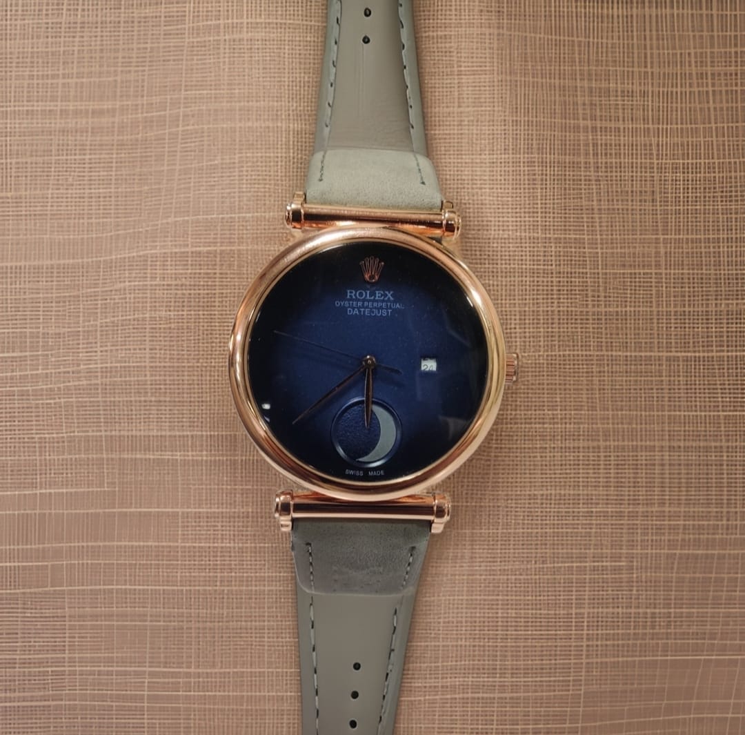 Rolex Blue Leather Half Moon Watch For Women's Casual New Trending Style Watch Blue Dial With Rose Gold Meta Date And Grey Color Belt Women's Watch_ Best Gift Watch RLX-2-44