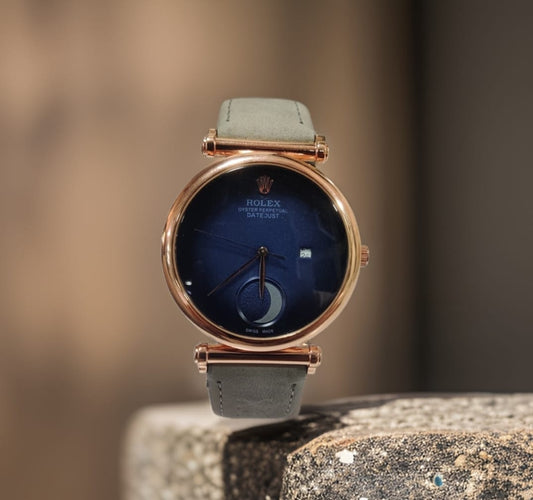 Rolex Blue Leather Half Moon Watch For Women's Casual New Trending Style Watch Blue Dial With Rose Gold Meta Date And Grey Color Belt Women's Watch_ Best Gift Watch RLX-2-44