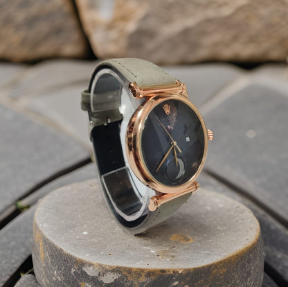 Rolex Blue Leather Half Moon Watch For Women's Casual New Trending Style Watch Blue Dial With Rose Gold Meta Date And Grey Color Belt Women's Watch_ Best Gift Watch RLX-2-44
