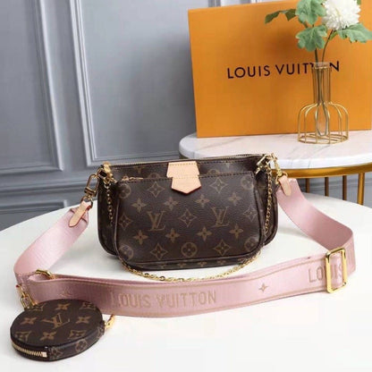 LOUIS VUITTON Cross Body Handbag In Stunning Brown Checks Pattern Pink Color Belt Women's Or Girls Bag Along with sling- Stylist Daily Use Bag LV-2873