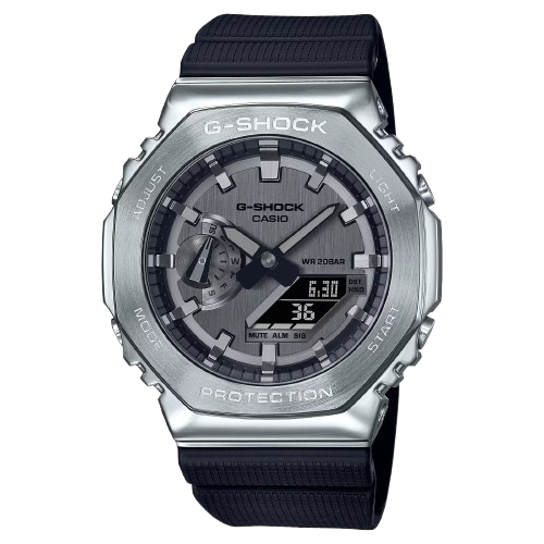 G-shock Metal Covered Silver/Black Round Analog+Digital World Time Multi-Function Resin Band Sports Watch GS-2100