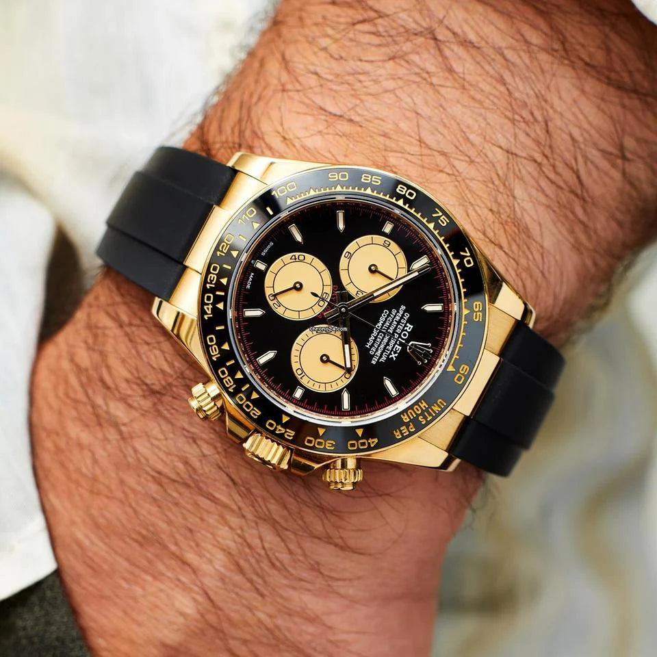 Rolex Cosmograph Yellow Gold / Black Color Dial Ring Bezel Daytona Chronograph Quartz Chronometer Men's Watch - RLX-1161