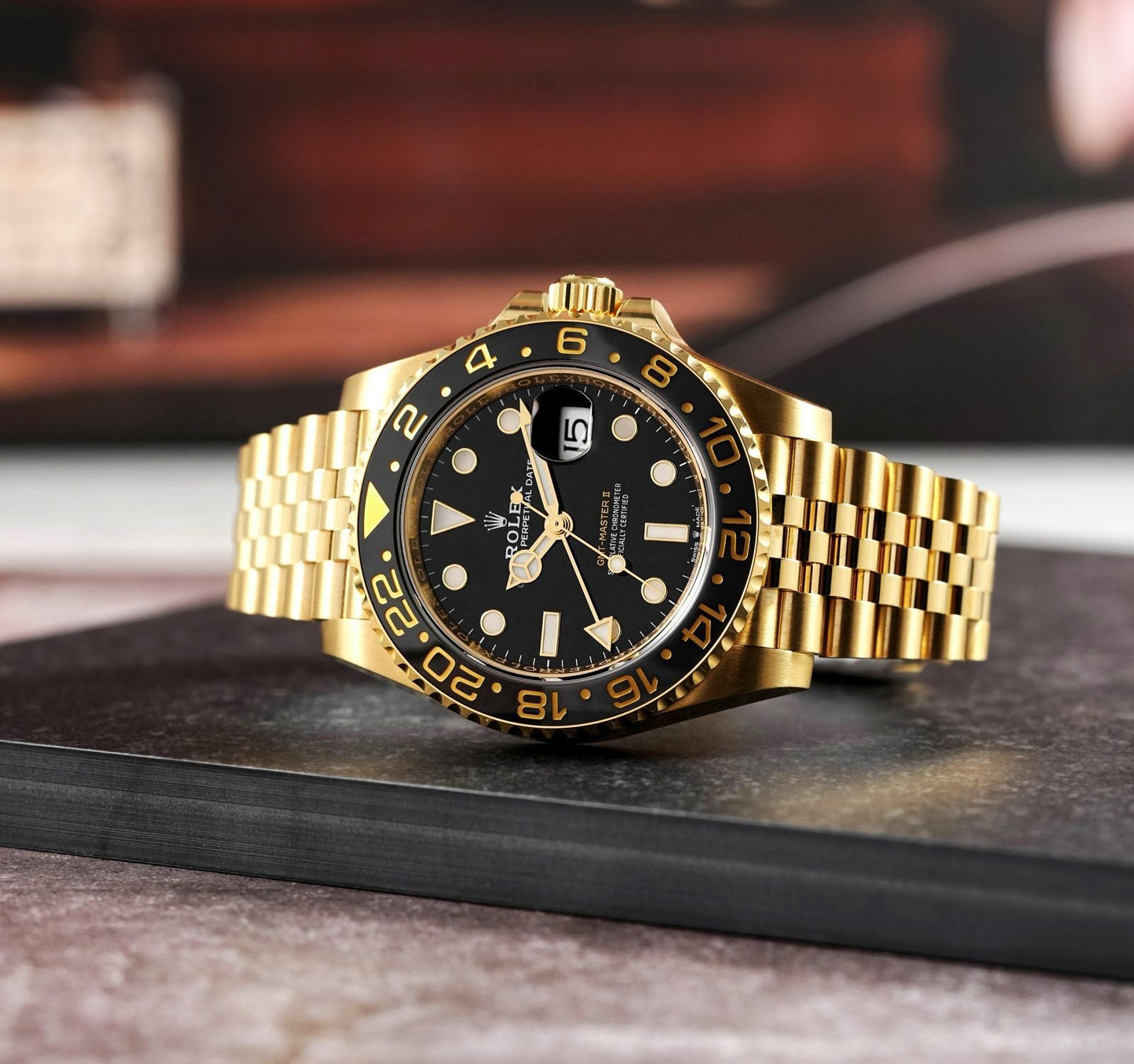Rolex GMT-Master II Oyster Perpetual Bidirectional Rotatable Bezel Gold Dial and a Jubilee bracelet Men's Watch RLX-GMT-5013