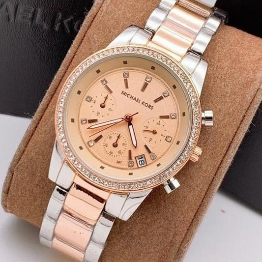 Michael kors Two-Tone starp Women's Chronograph MK-2535 Watch for Girl or Woman Rose Gold Dial Diamond Case Date Best Gift For Women