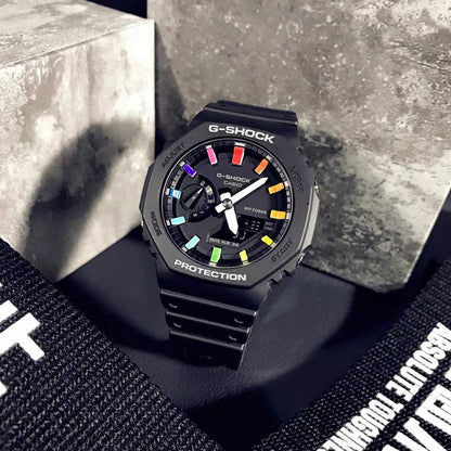 G-shock Metal Covered Black Rainbow Analog-Digital Watch World Time Multi-Function Resin Band Sports Watch GS-2103