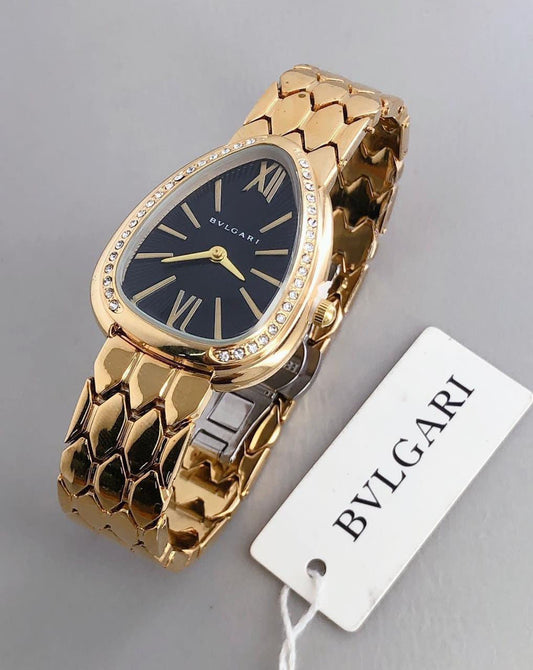 Bvlgari Branded Analog Watch With Gold Color Metal Case & Strap Watch With Black Dial Designer Strap Watch For Girl Or Woman-Best Gift Date Watch- BV-103453
