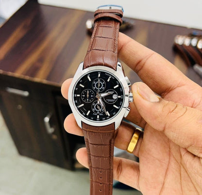 Tissot TS-3833 Chronograph Brown Leather Mens Watch for Man Black Date Display Best Gift for Man