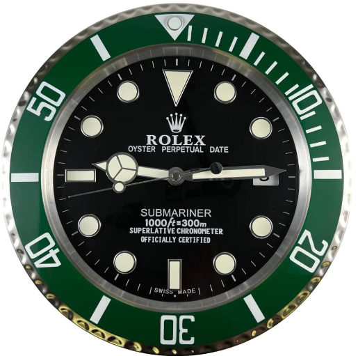 Rolex Wall Clock Quartz Analog Dated Design Metal Art Wall Clock Luminous Function Black Dial/Green Color Border Bezel Metal RLX-WC-910