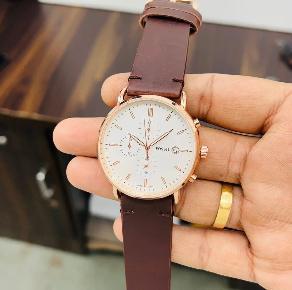 Fossil Chronograph White Dial with Leather Strap Watch for Men FS-5402