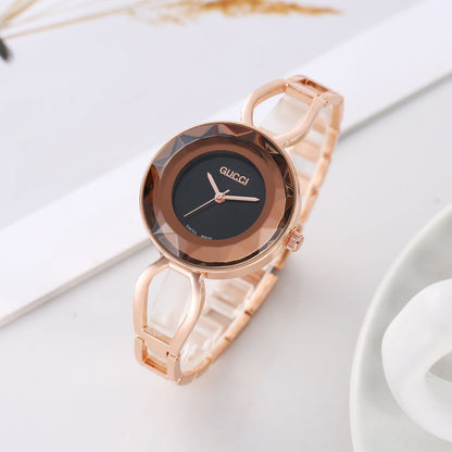 Gucci Rose Gold Color Watch With Black Dial With Brown Shade Color Crystal Case Watch For Woman Or Girl Gold Strap Watch GC-6543