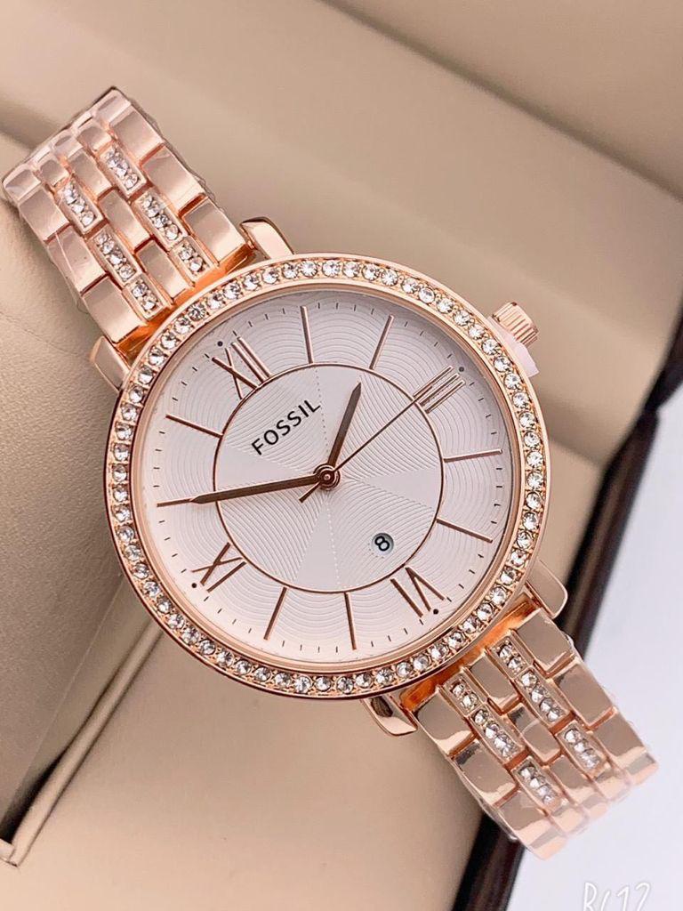 Fossil Rose Gold Strap Metal Diamond Strap Watch For Women's ES-5776 Design White Dial For Girl Or Woman Best Gift Date Watch