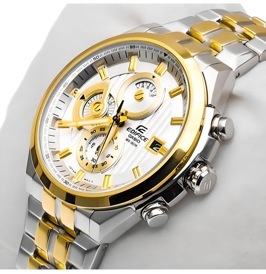 Casio Edifice Chronograph Men's Watch With Silver Gold Color & Stainless Steel Strap ED426