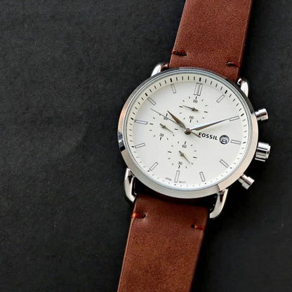 Fossil Chronograph White Dial with Brown Leather Strap Watch for Men FS-5403