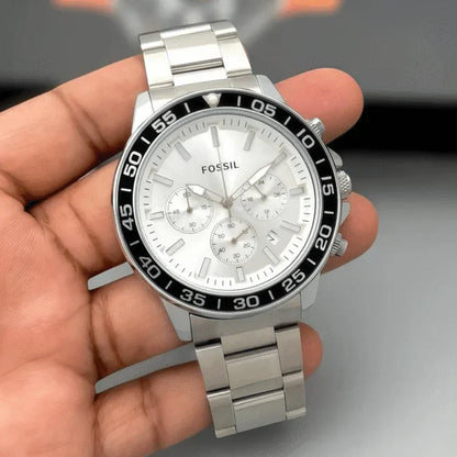 Fossil Analog White & Black Dial & Silver Strap Men's Watch FS-2544