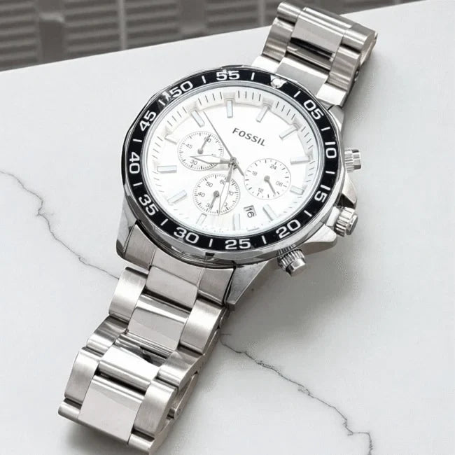 Fossil Analog White & Black Dial & Silver Strap Men's Watch FS-2544