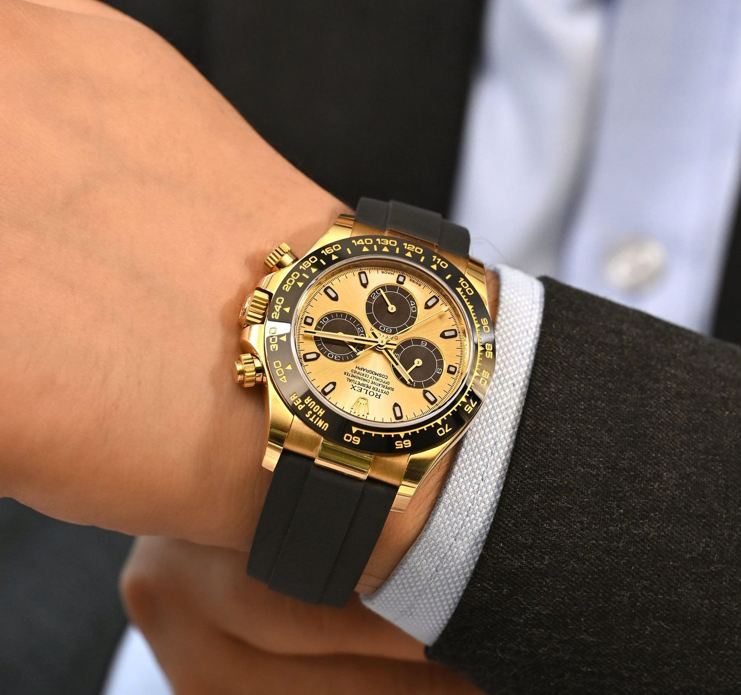 Rolex Cosmograph Yellow Gold Color Dial Ring Bezel Daytona Chronograph Quartz Chronometer Men's Watch - RLX-1164
