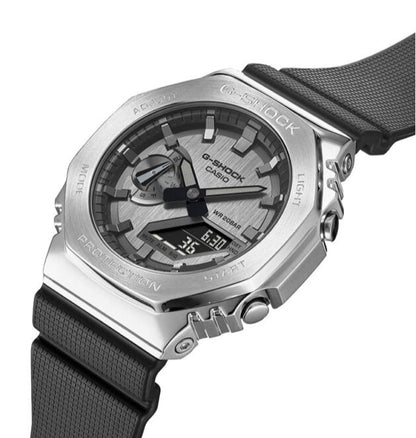 G-shock Metal Covered Silver/Black Round Analog+Digital World Time Multi-Function Resin Band Sports Watch GS-2100