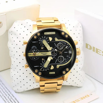 Diesel Big Daddy Multi-Function Chronograph Analog Black Dial Gold Strap Men's Watch DZ-8016