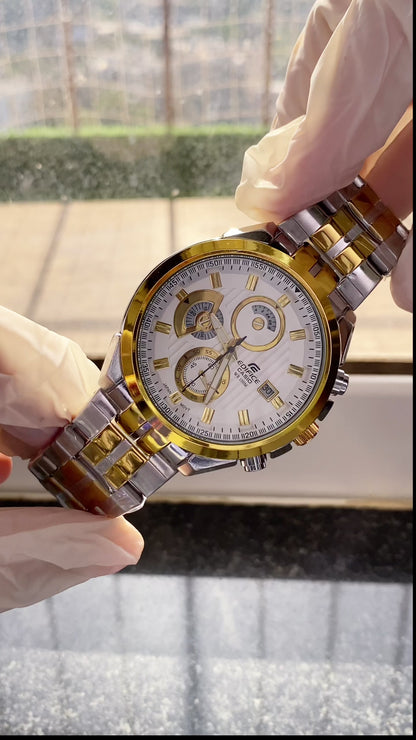 Casio Edifice Chronograph Men's Watch With Silver Gold Color & Stainless Steel Strap ED426