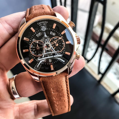 Tag Heuer Carrera Caliber Eiffel Tower Edition TAG-IT-22 Brown Color Leather Chronograph White Dial Leather Men s Watch For Man Gift