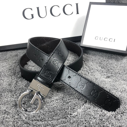 Gucci 2 Sided Black Color GG Print Leather Formal Men's Women's Waist Belt For Man Woman Or Girl Silver G Buckle Gift Belt GC-98