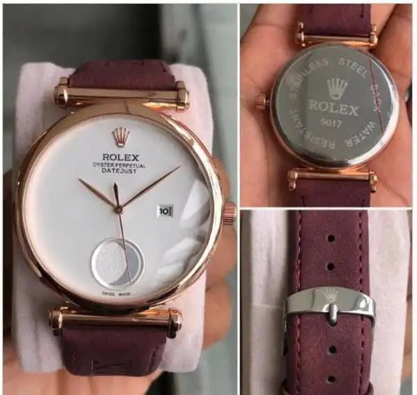Rolex Maroon Leather Watch For Men's Casual New Trending style Watch White Dial With Gold Metal Case RLX-2-22
