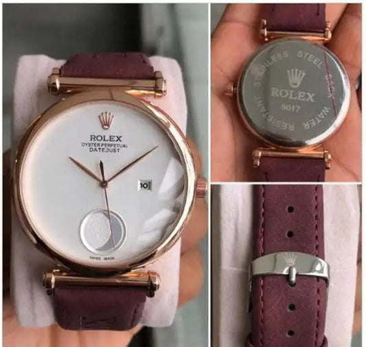 Rolex Maroon Leather Watch For Men's Casual New Trending style Watch White Dial With Gold Metal Case RLX-2-22