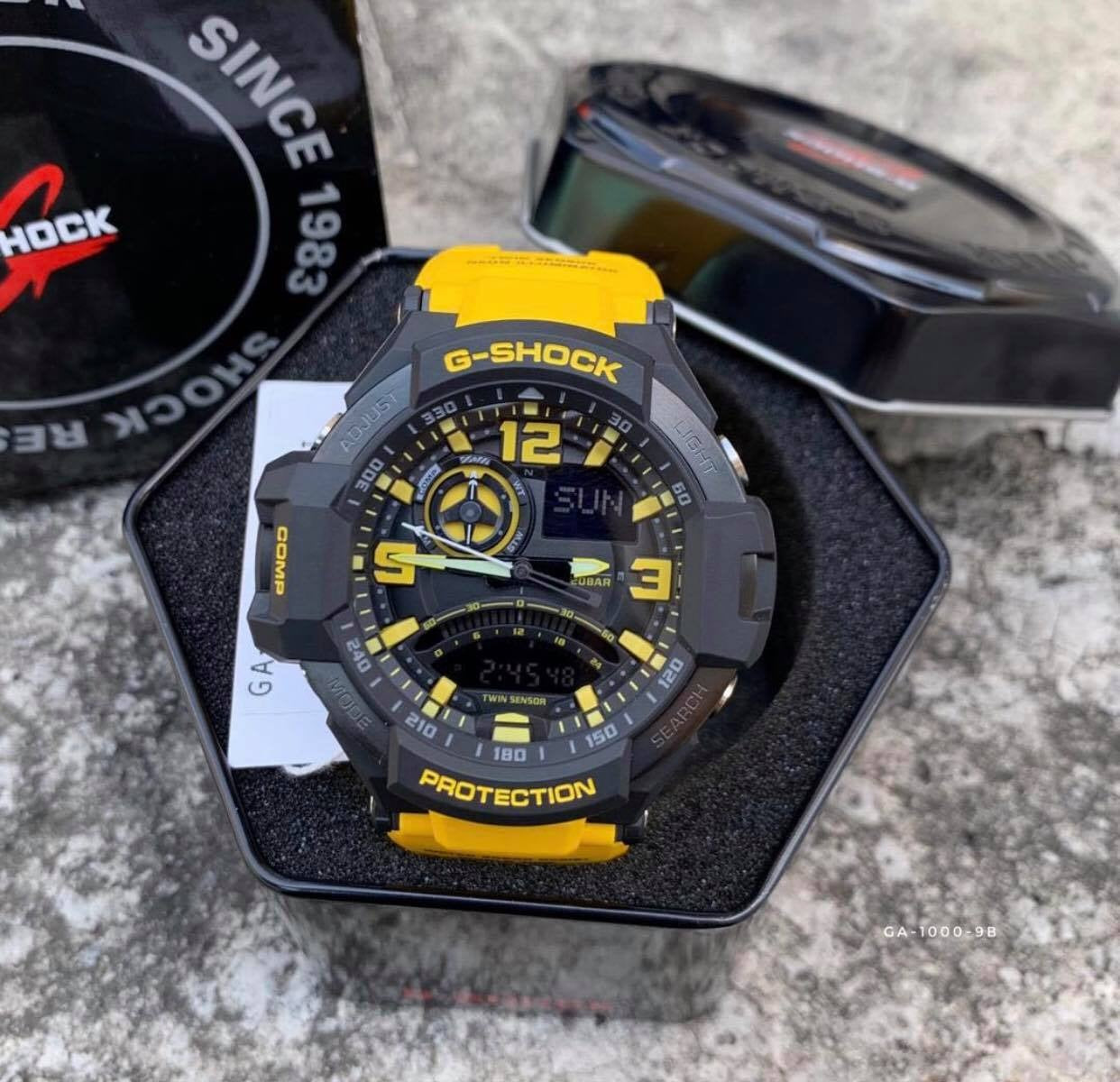 Casio G-Shock Analog Gravity Master ARMY MILITARY NAVY WATCH Twin Sensor World Time Digital Men Black Analogue With Yellow Strap and Digital watch With Metal Case Watch For Man Day And Date Gift Watch GA-1000-9A