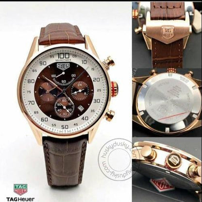 Tag Heuer Carrera Chronograph Multi Color Dial Brown Leather Mens CR-1100 Watch for Man - Gift