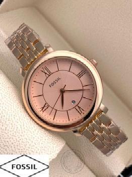 Fossil Branded Rose Gold Strap Women's Es-989 Watch For Woman Or Girl Rose Gold Dial Date Gift Watch