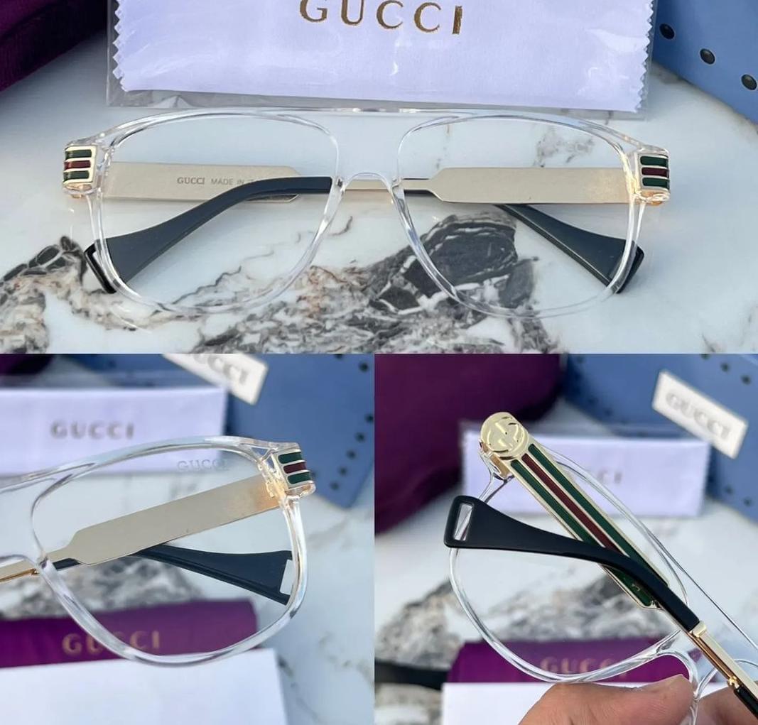 Gucci Branded Transparent Frame With Transparent Glass Men's Women's Sunglass for Man Woman or Girl GU-20333 Gold & Black Stick Gift Sunglass