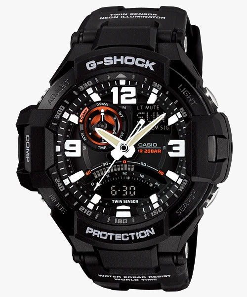 Casio G-Shock Analog Gravity Master Twin Sensor World Time Digital Men Resin Strap Watch with Black Round Dial With Metal Case Watch For Man Day And Date Gift Watch G435