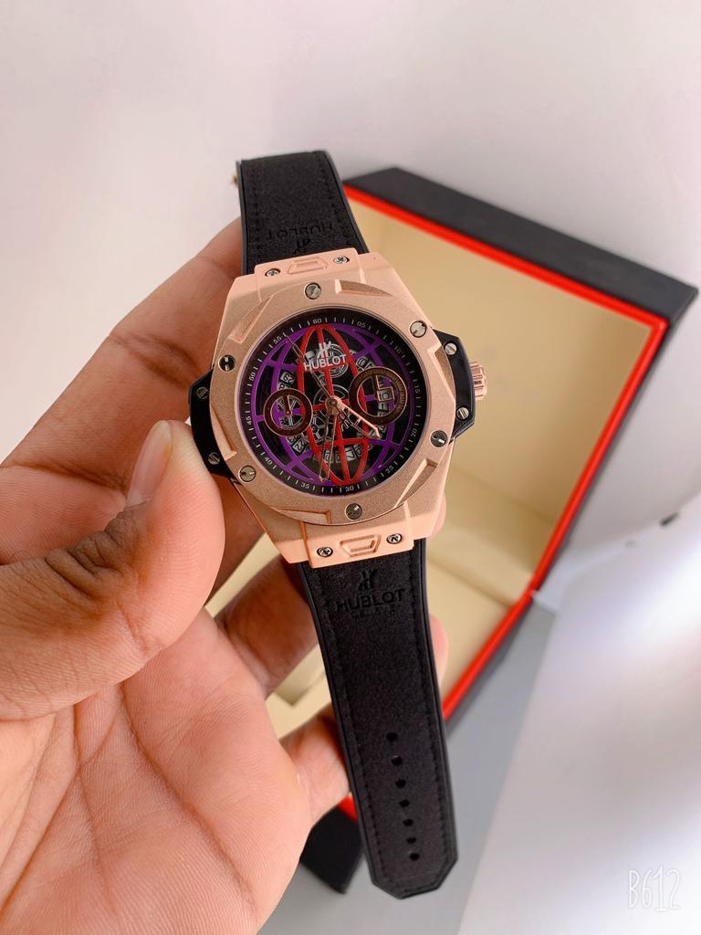 Hublot Big Bang Unico Sang Bleu Gold Magic Dial Case Watch With Black Color Dial And Black Leather Strap Dated Watch HB-B1217