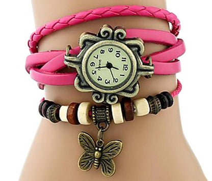 Vintage Round Dial Pink Synthetic Leather Strap Analog Watch For Women