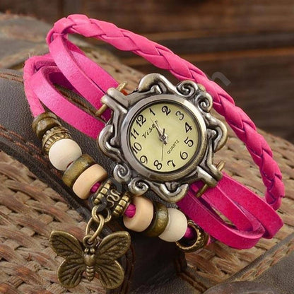 Vintage Round Dial Pink Synthetic Leather Strap Analog Watch For Women