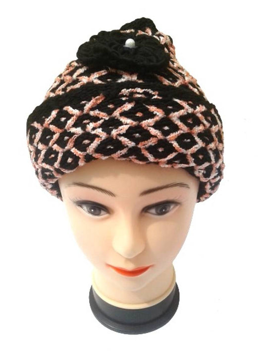 Women Knitted Woolen Black Color Cap (Pack of 1)